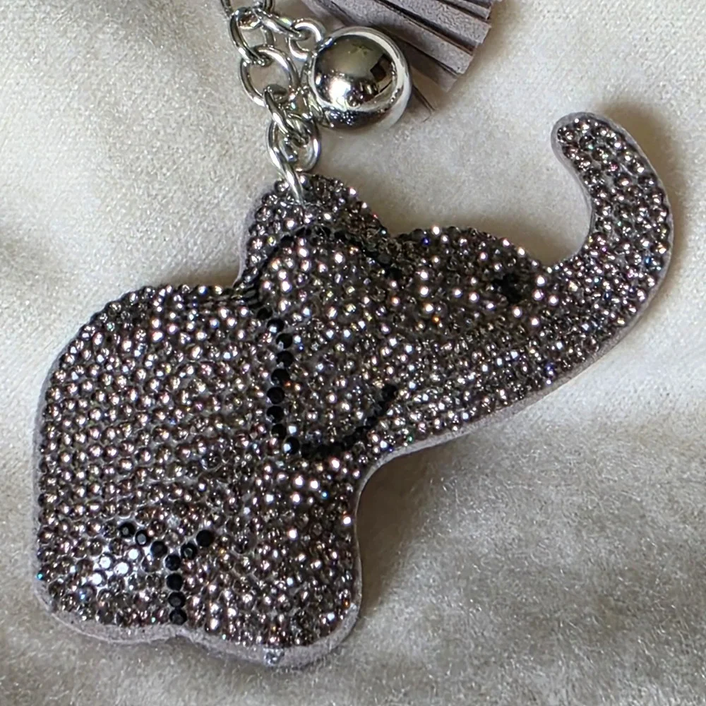 Grey Rhinestone Elephant Bag Charm Keychain with Tassel Silver Tone Hardware